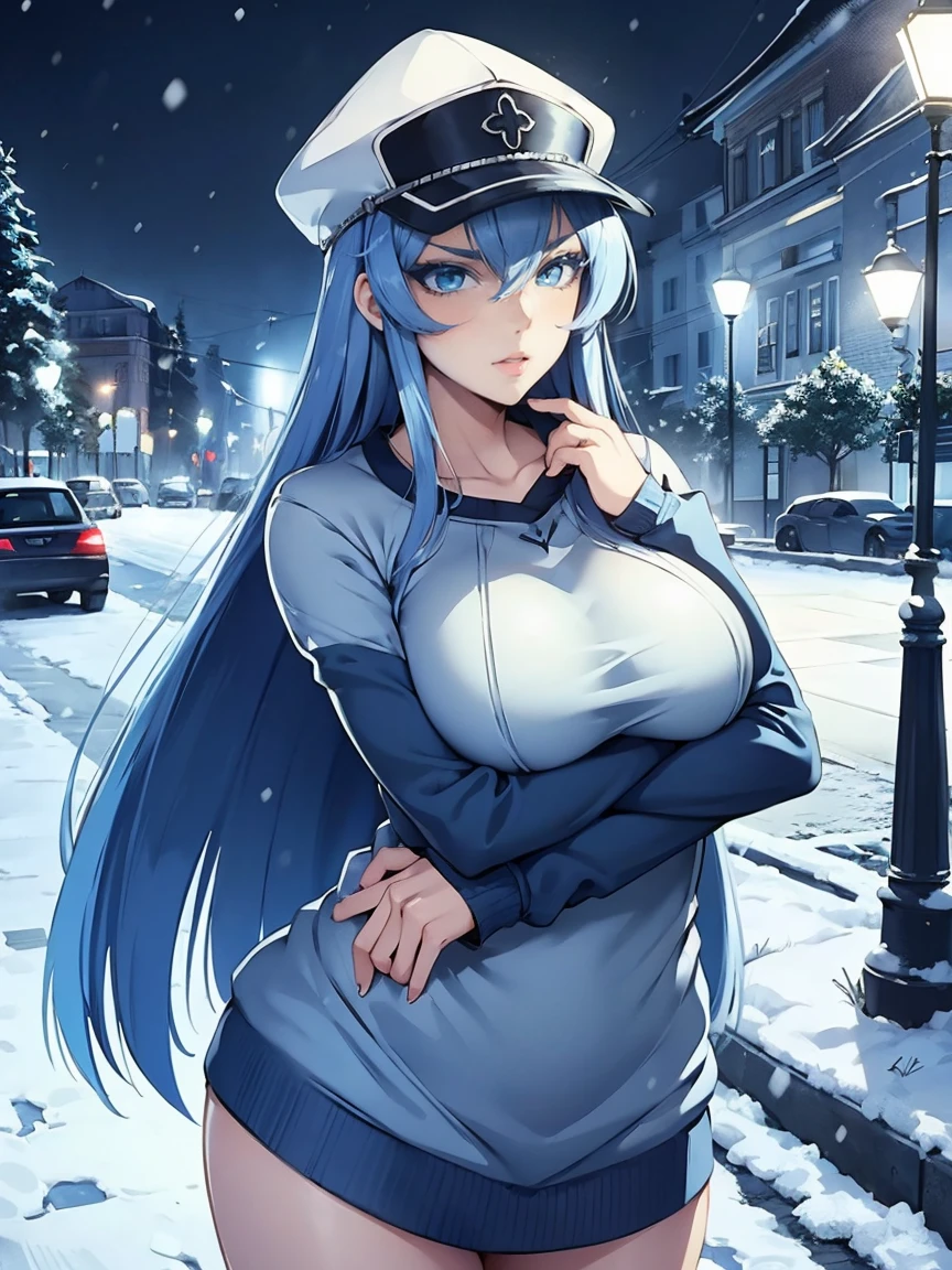 (artwork, best quality) a girl with long blue hair, blue eyes, blue eyelashes, tattoo, big breasts, white sweatshirt with hat, upset, on a street in Russia, snowing, at night