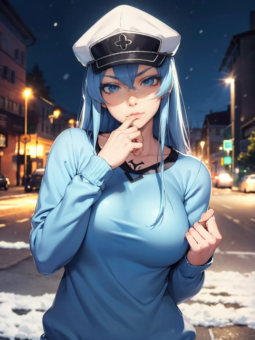 (artwork, best quality) a girl with long blue hair, blue eyes, blue eyelashes, tattoo, big breasts, white sweatshirt with hat, upset, on a street in Russia, snowing, at night