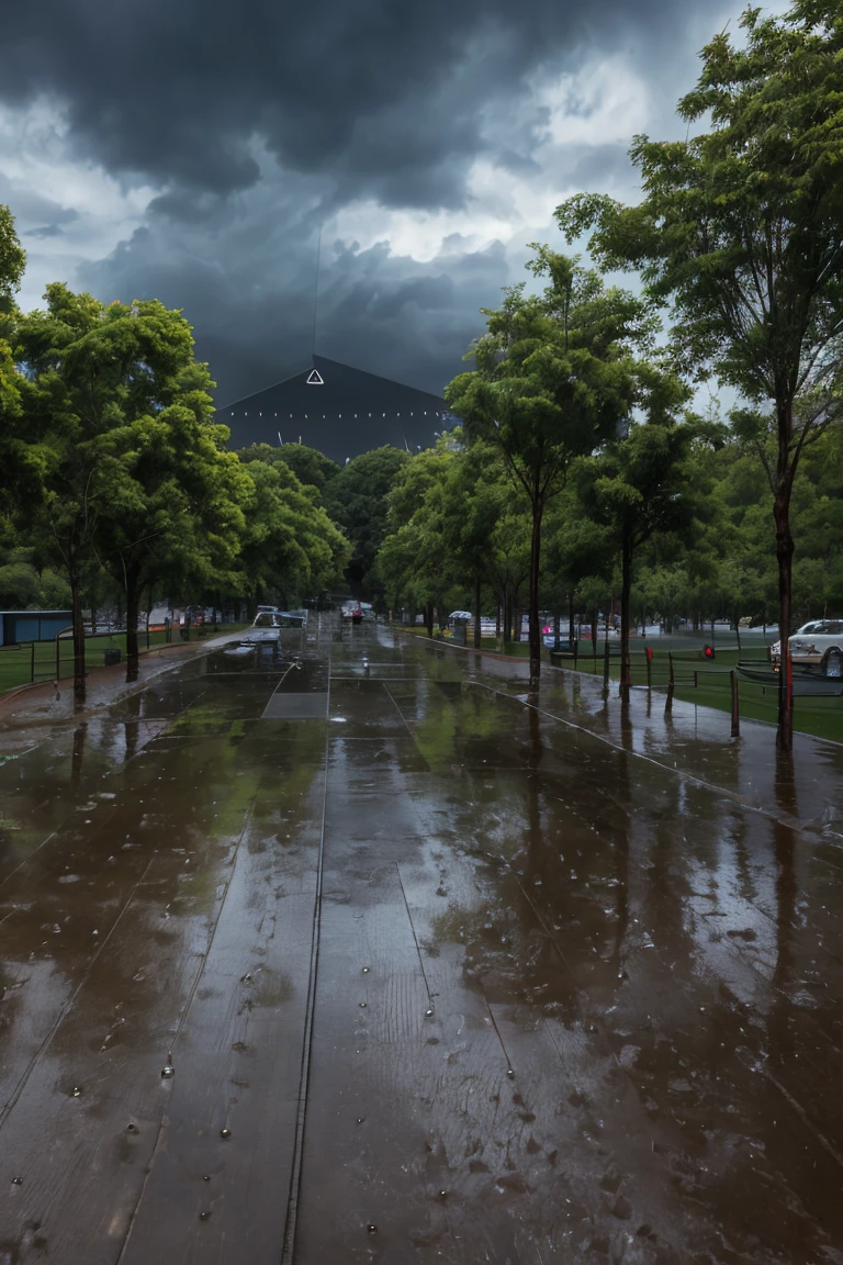 (high quality), (Realistic photos)、Uninhabited park、((rain park:1.5))、((Dark rainy sky:1.4))、Daytime、