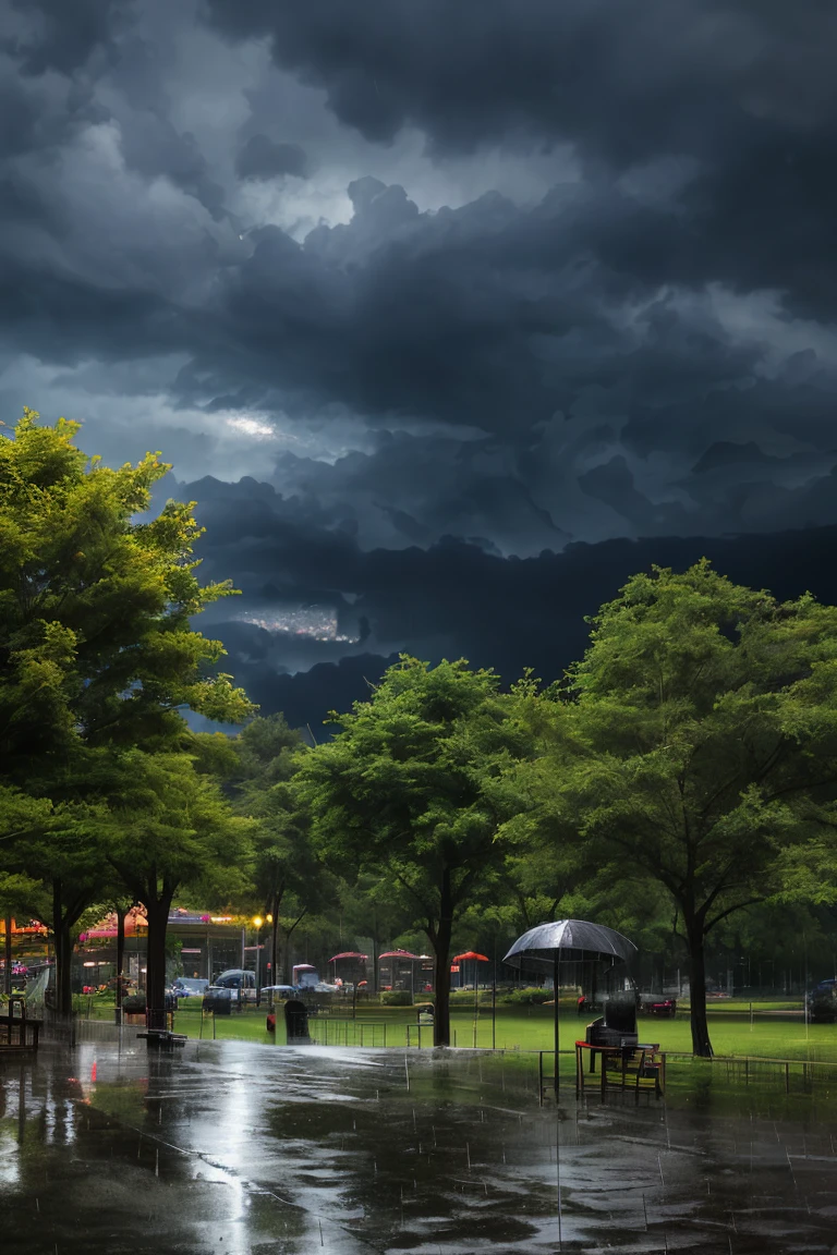 (high quality), (Realistic photos)、Uninhabited park、((rain park:1.5))、((Dark rainy sky:1.4))、Daytime、