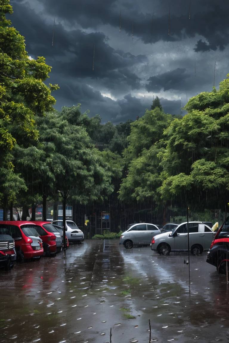 (high quality), (Realistic photos)、Uninhabited park、((rain park:1.5))、((Dark rainy sky:1.4))、Daytime、