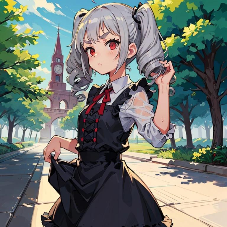 Young girl with grey hair, ((fringed and curly hair)),((curly short twintail)), curly hair ,(red eyes),, ((small bushy eyebrows)), wearing gothic lolita clothing, lolicon , walking to school, bored look, bored face, , lifting her skirt to show her vagina wet with semen, having sex

