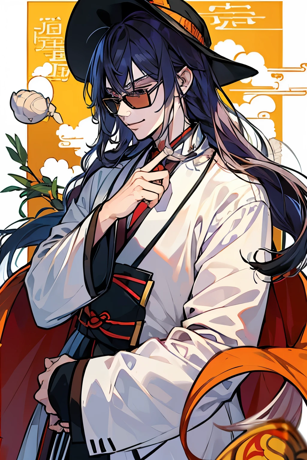 ((masterpiece,best quality)),1 Boy,Solitary, (((Nishiki Chisato))), Long hair, Black hair, Glasses,Solitary, White robe, Wear small round frame sunglasses, Long sleeve, Taoist cap,permanent, Taoist robes,Evil smile, Flowing hair, Hook of Holland, Look away,