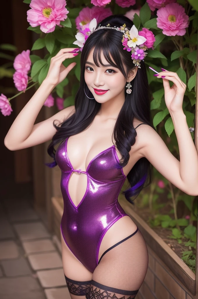 sexy Thai model who controls poison、beautiful smile、lipgloss、bold lipstick、intense makeup、look at the camera、full body Esbian、、sparkling poisoned flower costume、、、、sparkling Colorful hair、secrete poison、skull hair accessories、sexy tights、shiny sparkling flowers background