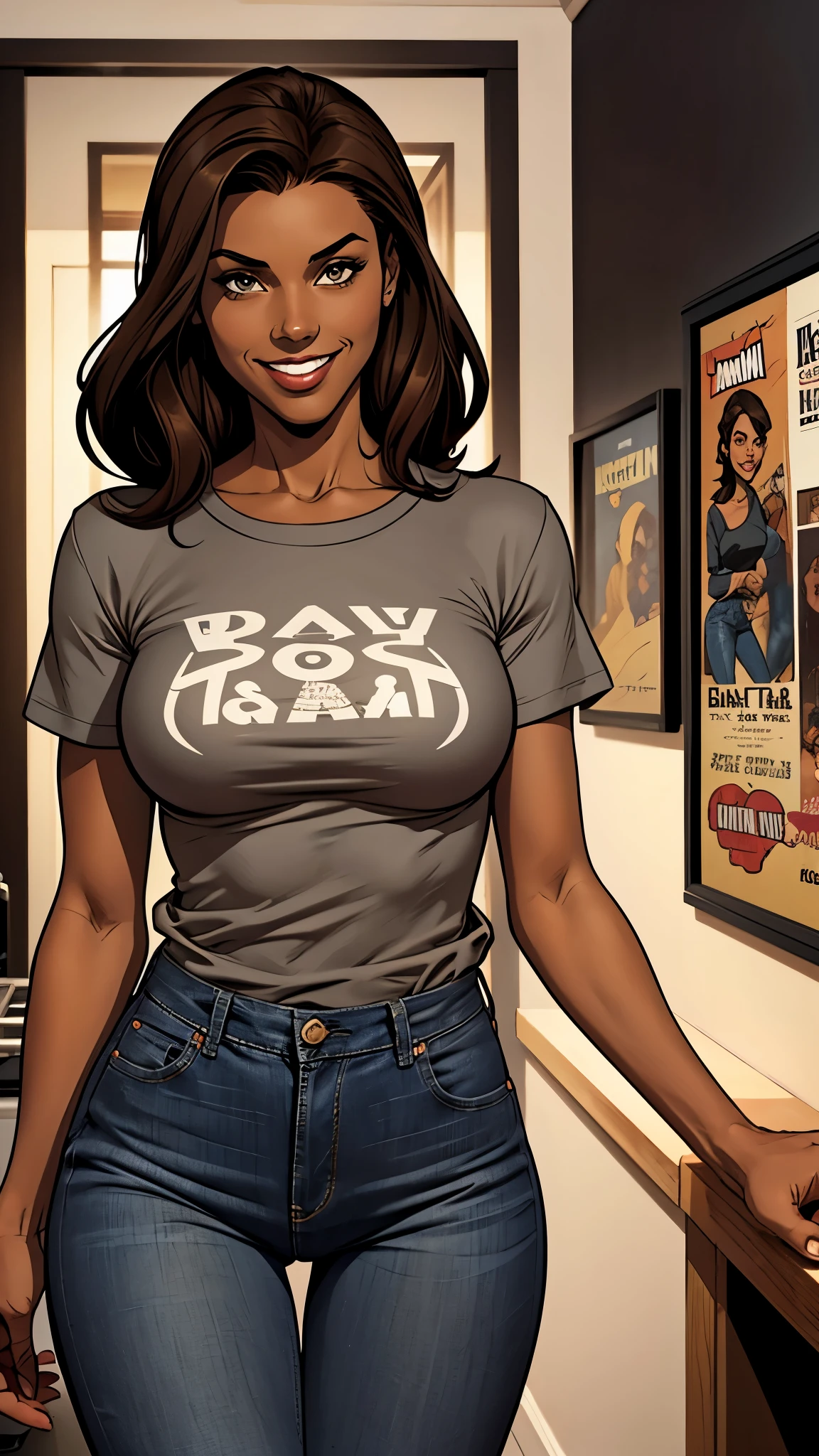 She was dark and thin, wearing jeans and a gray t-shirt.. dark brown hair. Smile.brown skin. Comic style 