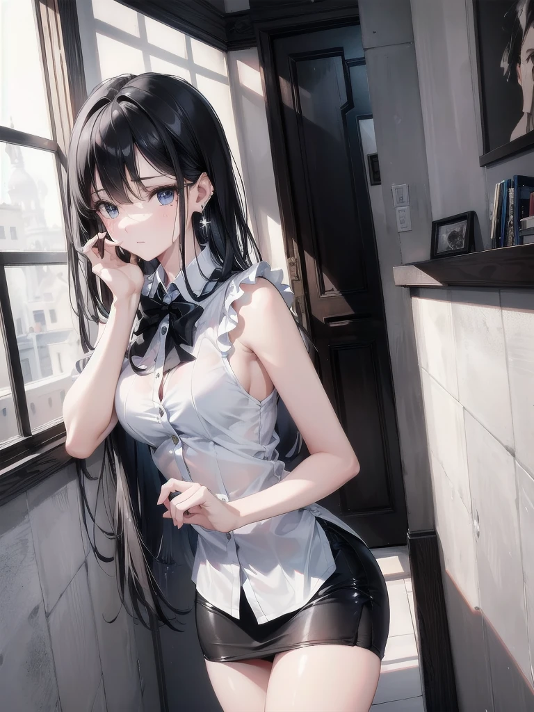absurdres, RAW photo, extremely delicate and beautiful, masterpiece, Best Quality, ultra high resolution, 32k, hyperrealistic, ultra-detailed, in her 20s, delicate facial features, tearful mole, earring, medium breasts, full body shot, shorter middle black hair, short pencil skirt, collared button up black sleeveless shirt,