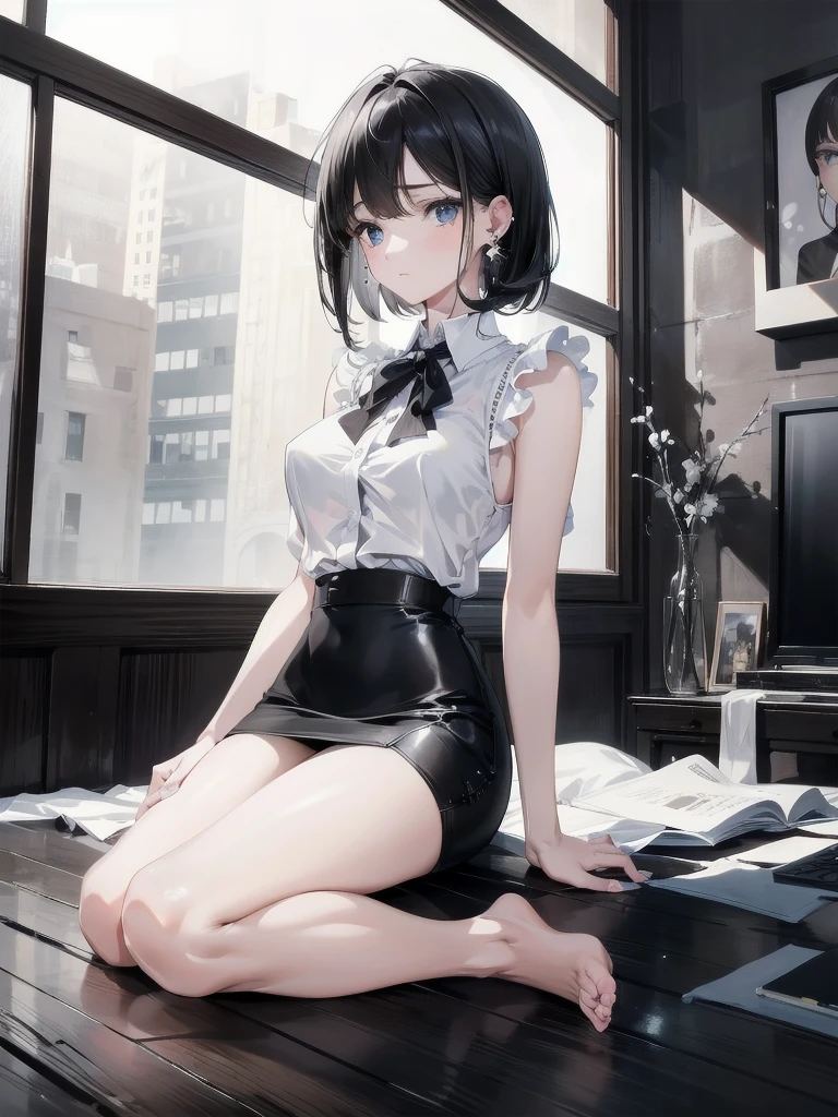 absurdres, RAW photo, extremely delicate and beautiful, masterpiece, Best Quality, ultra high resolution, 32k, hyperrealistic, ultra-detailed, in her 20s, delicate facial features, tearful mole, earring, medium breasts, full body shot, shorter middle black hair, short pencil skirt, collared button up black sleeveless shirt,