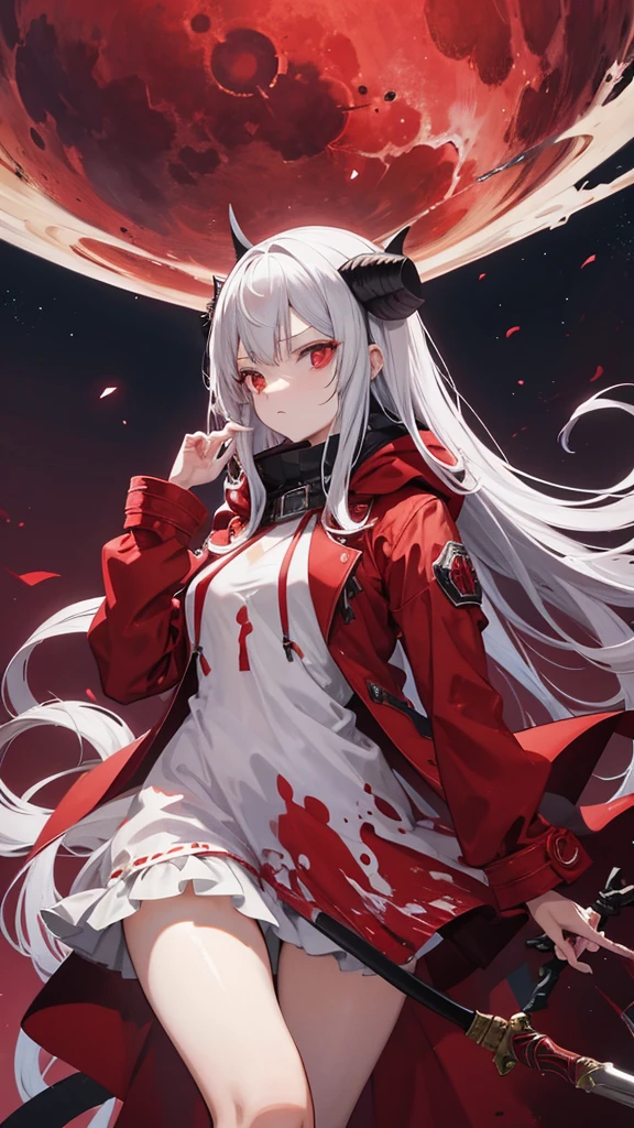 (masutepiece:1.2, Best Quality), [1 girl, expressioness, oversized red coat, silver hair, red inner hair,long hair, 2horns on the head, silver horns, brilliant eyes, Red Eyes,wine red inner shirts, silver long cloak, silver boots, beige mini skirt , blood return, (Holding a Weapon, Holding a spear), red sky,full moon, red moon, looking down, looking at viewer, gradient background,wilderness in background, expressionless, forehead, (Disdainful:1.3), Condescending.