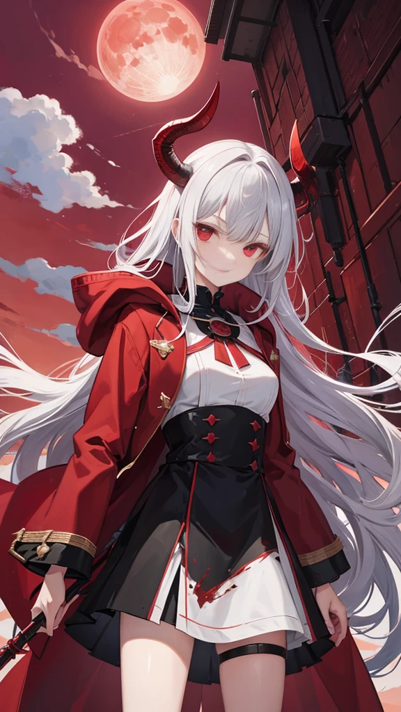 (masutepiece:1.2, Best Quality),  [1 girl, expressioness, oversized red coat, silver hair, red inner hair,long hair, 2horns on the head, silver horns, brilliant eyes, Red Eyes,wine red inner  shirts, silver long cloak, silver boots, beige mini skirt , blood return, (Holding a Weapon, Holding a spear), red sky,full moon, red moon, looking down, looking at viewer, gradient background,wilderness in background, expressionless, forehead, (Disdainful:1.3), Condescending.