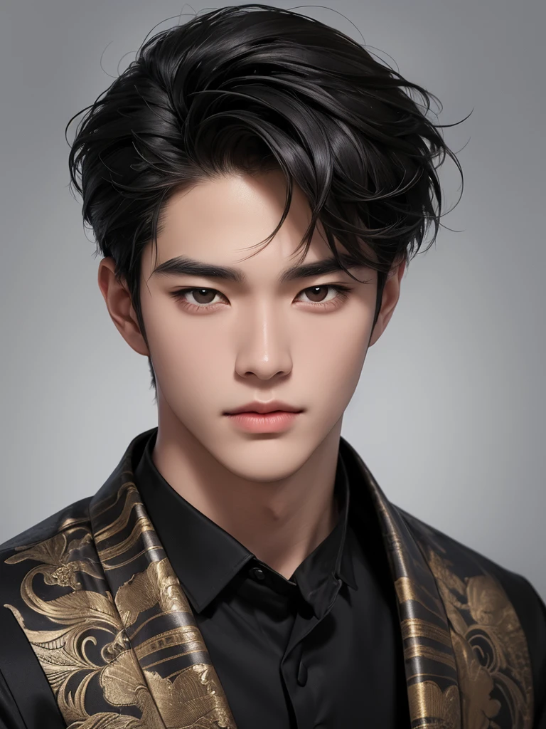 ((High quality)), ((masterpiece)), ((highly detailed)), perfect face, realistic, ((man)), ((Asian)), black hair, korean boy, portrait, cute guy, handsome guy, grey wallpaper, brown eyes, sexy