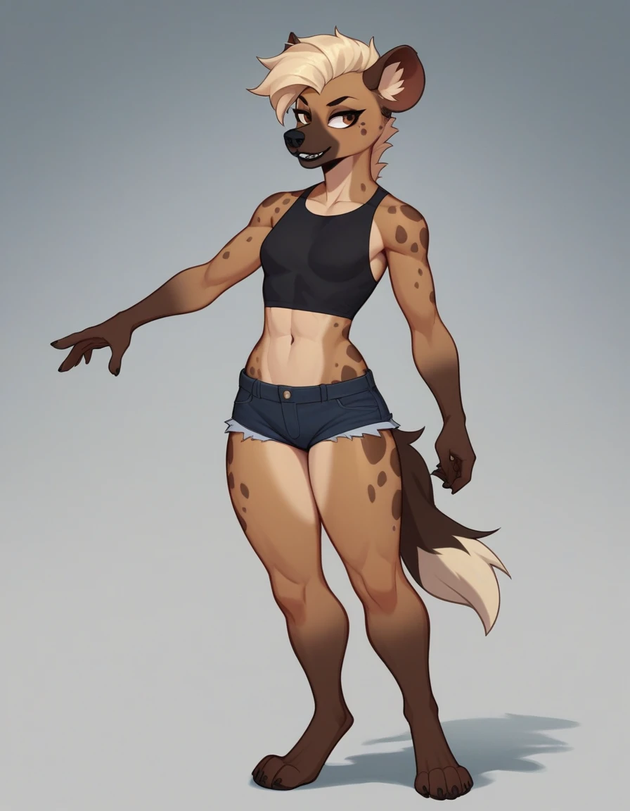 Solo, score_9,score_8_up,score_7_up, flat colors, source_furry, a tall female spotted hyena, brown snout, black nose, brown eyes, short spiked undercut platinum blonde hair, black lips, hyena tail, brown hyena ears, naked, small breasts, athletic body, feminine hourglass figure, full body shot, standing, wearing black crop top, black short shorts,