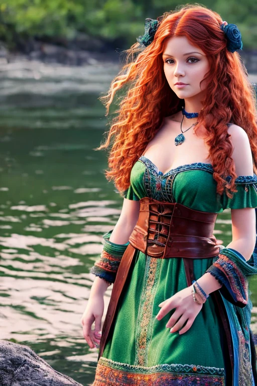 Ridiculous quality. Natural light. Hyperrealism. Great illustrations. Redhead girl with long curly hair and rose tattoo on shoulder and forearm, Wearing a white dress, Pentagram pendant around neck. She has one eye of each color: Right is green, Blue on the left. witch style, pagan, Celtic, At the bow of a small boat crossing a river shrouded in mist. Medieval style, Former Scottish, Avalon, 5th century.