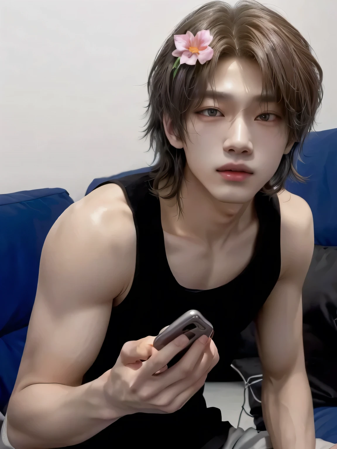 There is a young man sitting on a sofa with a cell phone, xqc, korean muscle boy 2 1 years, Jung Jaehyun, wicked ulzzang, cai xukun, youngster, beautiful androgynous prince, she is wearing a black tank top, delicate androgynous prince, ruan jia beautiful!, kim doyoung, Hyung Tae Hyunjin de stray kids Hwang Hyunjin skz hyunjin