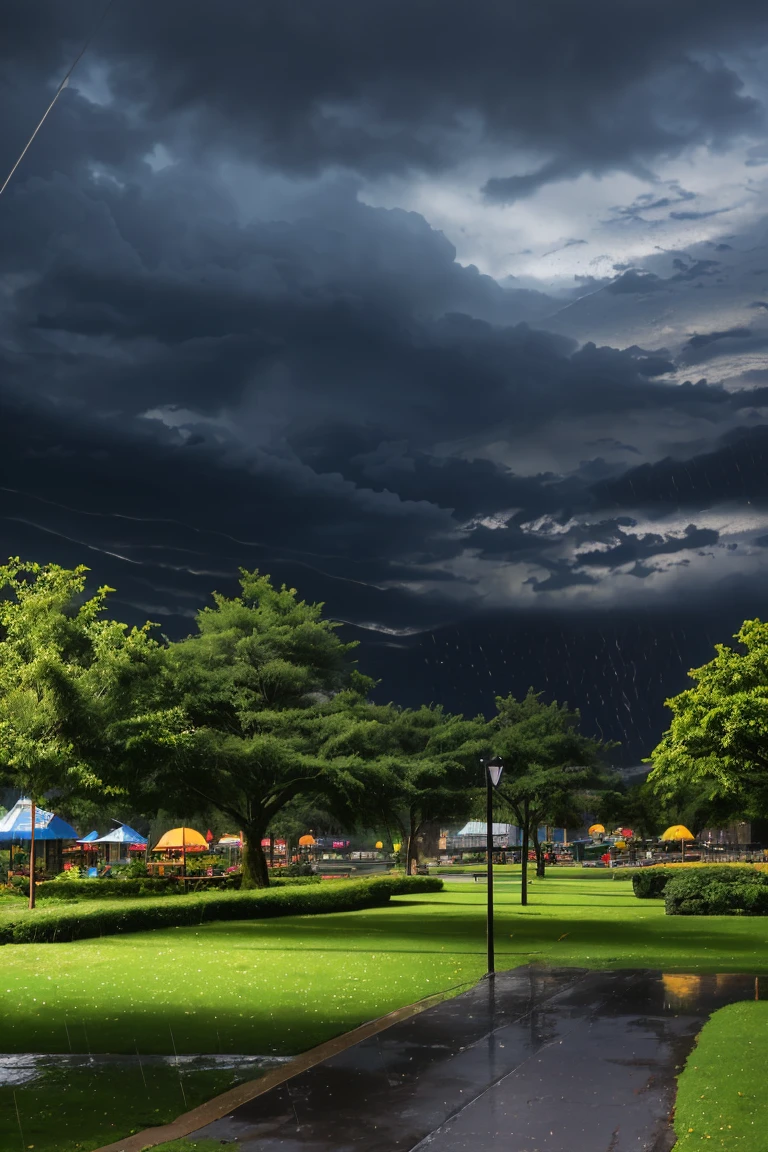 (high quality), (Realistic photos)、Uninhabited park、((rain park:1.5))、((Dark rainy sky:1.4))、Daytime、