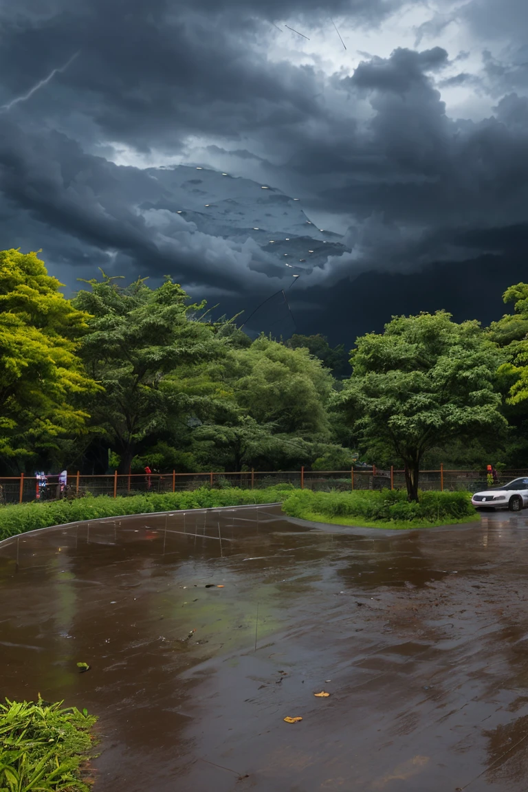 (high quality), (Realistic photos)、Uninhabited park、((rain park:1.5))、((Dark rainy sky:1.4))、Daytime、
