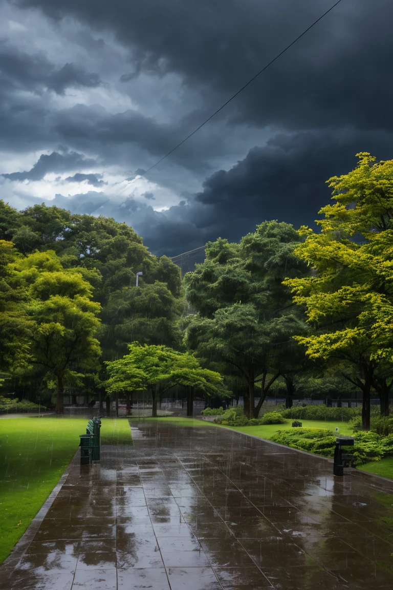 (high quality), (Realistic photos)、Uninhabited park、((rain park:1.5))、((Dark rainy sky:1.4))、Daytime、