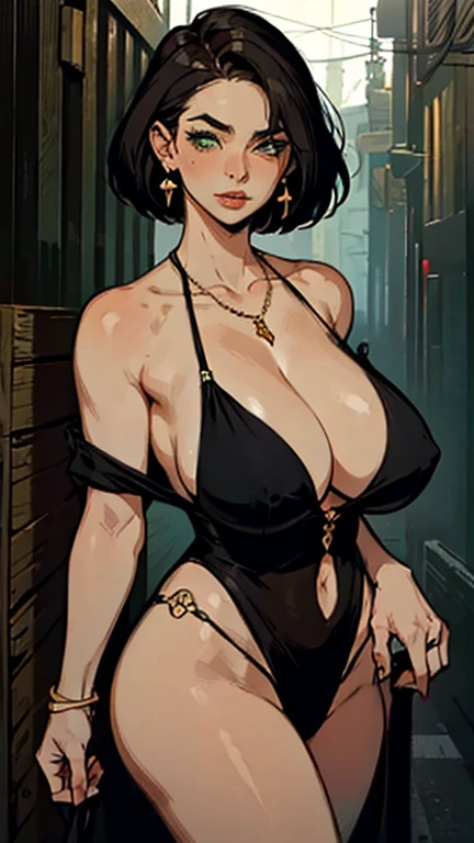 1 girl. One, short dark hair, colossal, bare shoulders, deep neckline, green eyes, jewelry, Whole body, necklace, off the shoulders, chicken, but cheap and scanty clothes, realistic, sexual, Prostitute, Narrow Lane