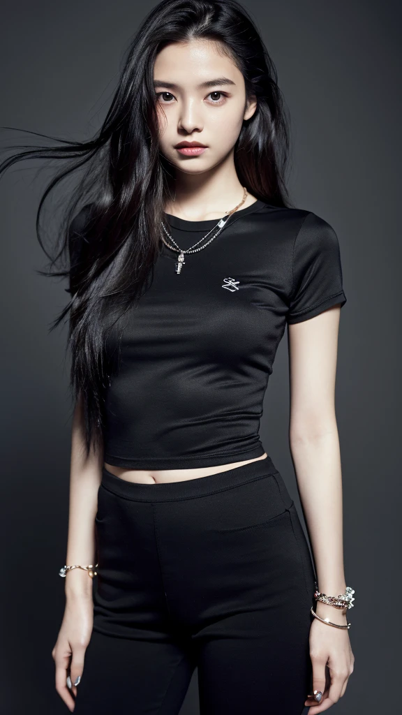 ((1 girl, 18 years old, full length, waist-length, standing)), ((masterpiece, best quality), (ultra detail), (best quality, high resolution, photo realistic)). (dark hair, shoulder length, long hair), (elegant body, dark stylish T-shirt, tech clothes), (beautiful hands in jewelry bracelets). ((Calm look, standing)).