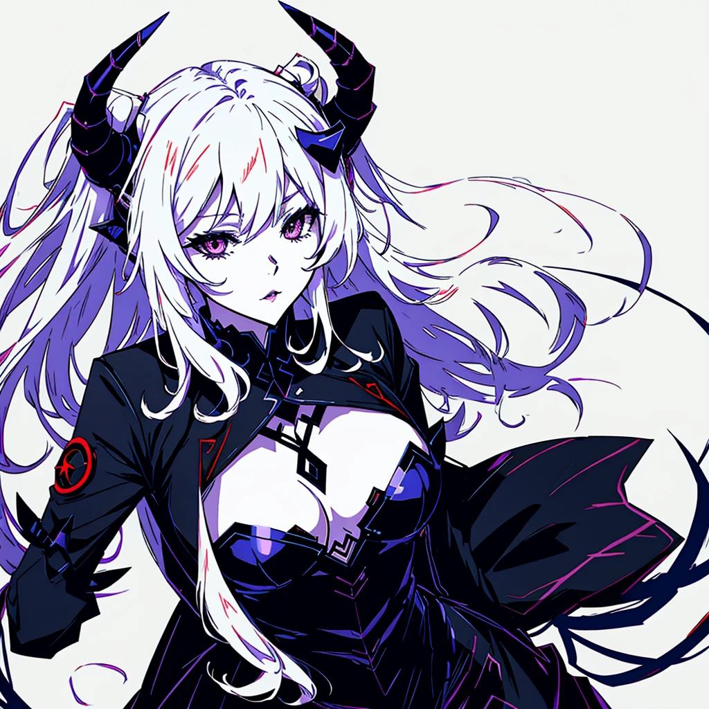 Demon waifu digital sketch art,solid line work,horns on head