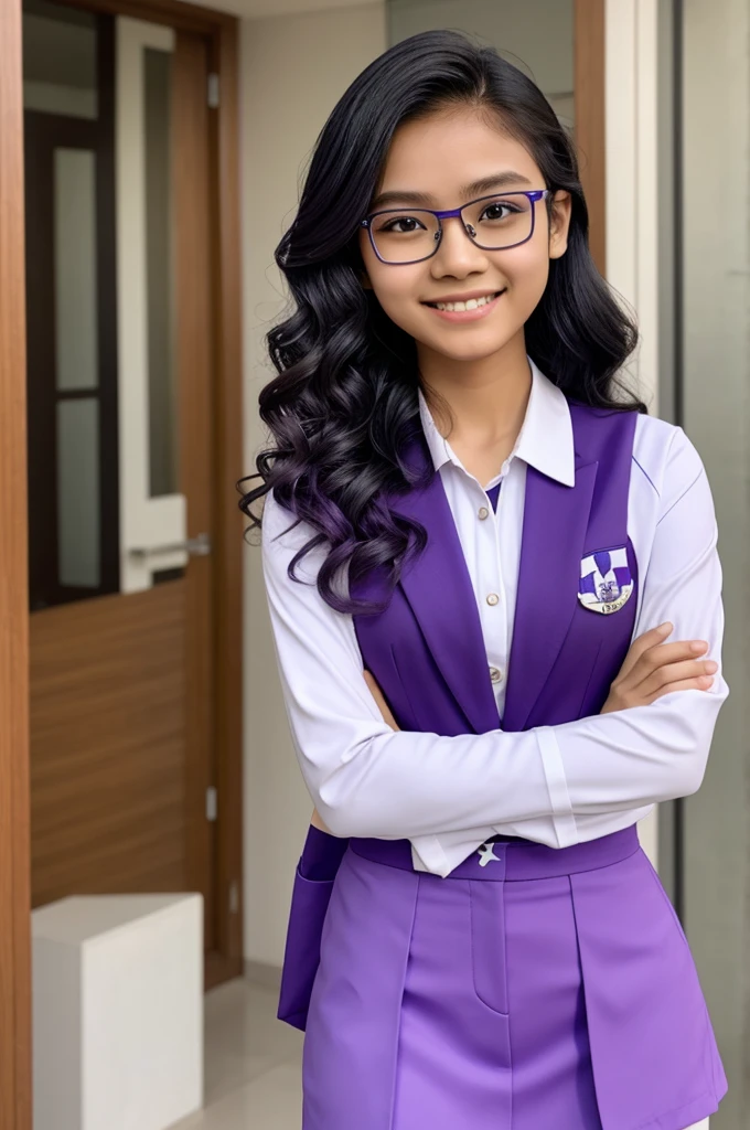 A Filipino student avatar, with eyeglasses, wearing a uniform color white with an accent of purple, a bit of curly hair and has dimples