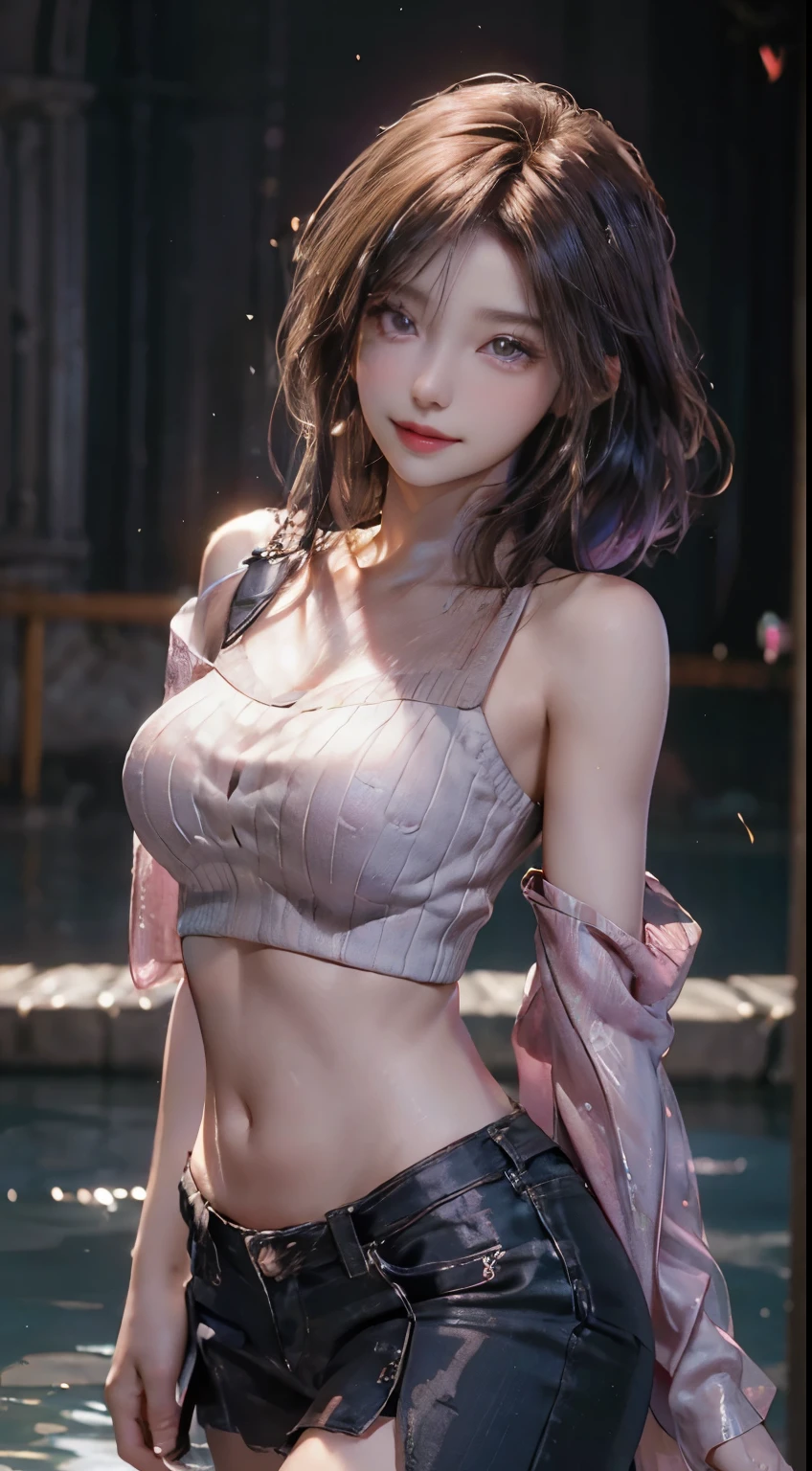 (logo, masterpiece, 8K, Tabletop, RAW Photos, wonderful, 最high quality, Photorealistic and very detailed CG composite 8k wallpaper, high quality, Very detailed, Narrative poem, Particle Effects, Dynamic Effects, Depth of the Boundary, Cinematic Light, Lens flare, Ray Tracing), short hair beautiful young woman, Hair tied back, high detail skin, very fine, fine skin texture, beautiful face, realistic eyes, beautifully detailed eyes, realistic skin, beautiful skin, surreal, smiling eyes, Hair and light eyes, Vibrant, Colorful lights and bokeh. The lighting casts a warm glow on her face and hair, Blue glow, Water surface reflection, Creates a dreamy and magical atmosphere, Big Breasts, Brown Hair, short hair, plump lower lip, pink blush on the cheeks , pink lips, brown tight no-shoulder knit sweater