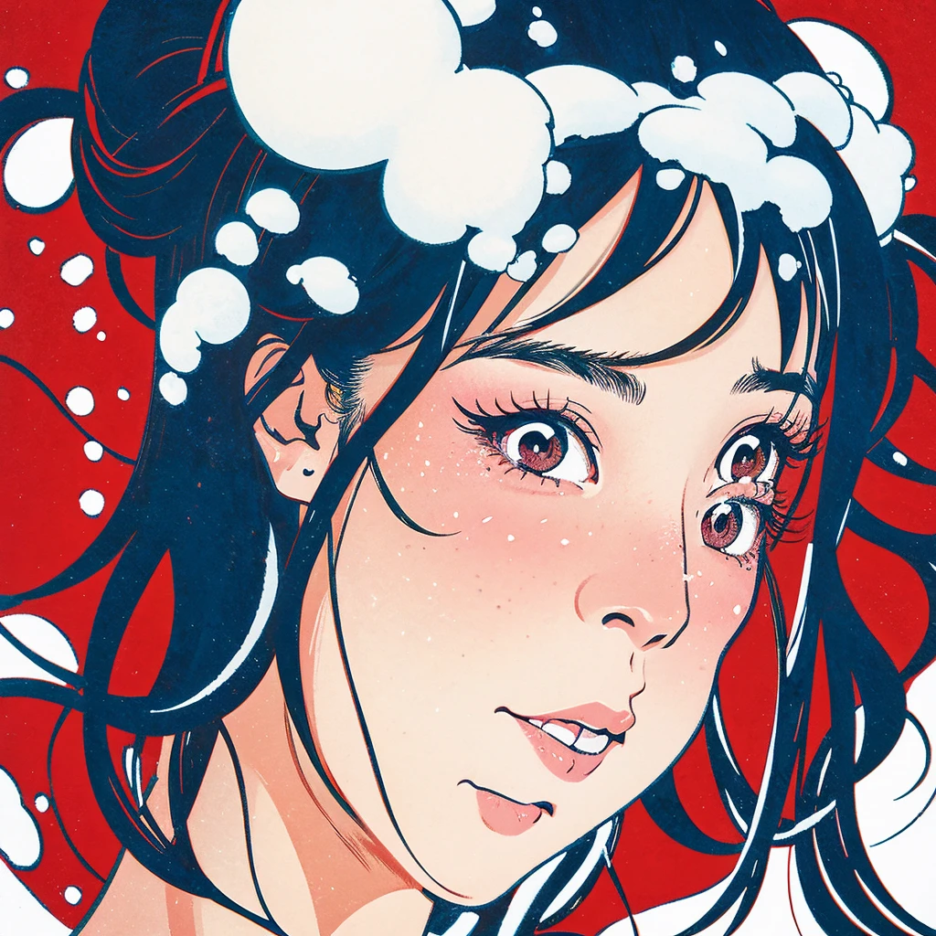 Illustration style、ukiyoe paiting、Showa Anime、woman、snow、sensitive, naughty facial expression