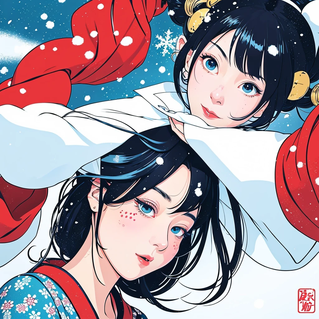 Illustration style、ukiyoe paiting、Showa Anime、woman、snow、sensitive, naughty facial expression