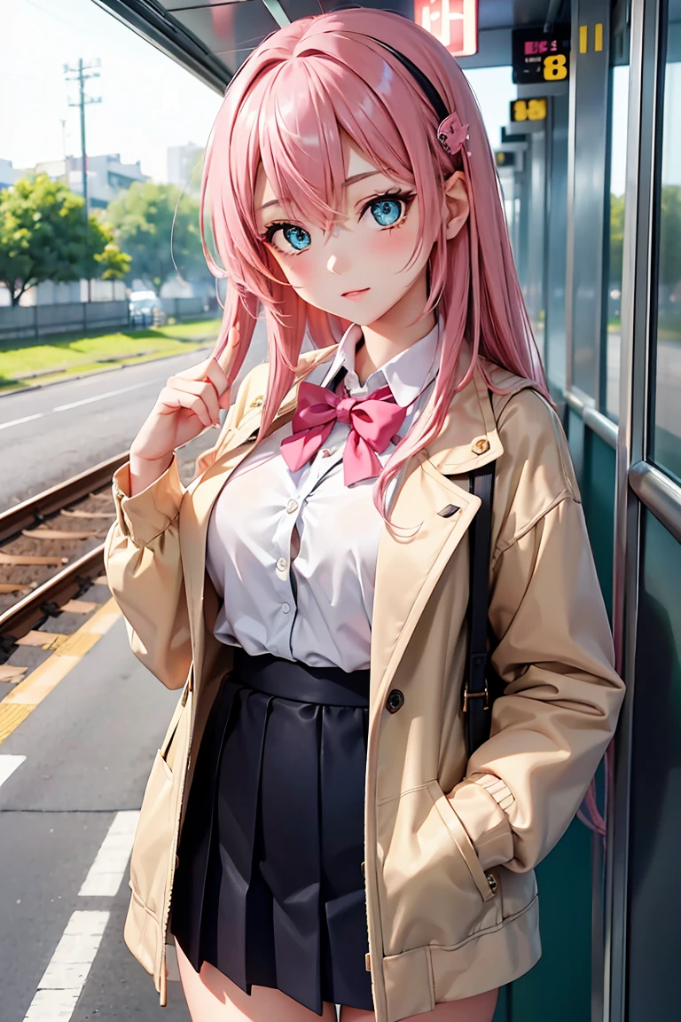 ((1 Girl)), in the train, Snickering, blush, Latest Fashion Trends, Street fashion,Jacket, Open chest,Cool look, Fashionable skirts,Relaxed pose,Cowboy Shot,((Very detailed,Highest quality, High resolution, 8k wallpaper, Beautiful clothes,)),((Pink Hair, Long Hair,Straight hair, hair accessory)), (Green Eyes),eye shadow, eyeliner,Glowing Eyes, Very detailedな目, Complex eyes, Beautiful Eyes, 18-year-old girl.