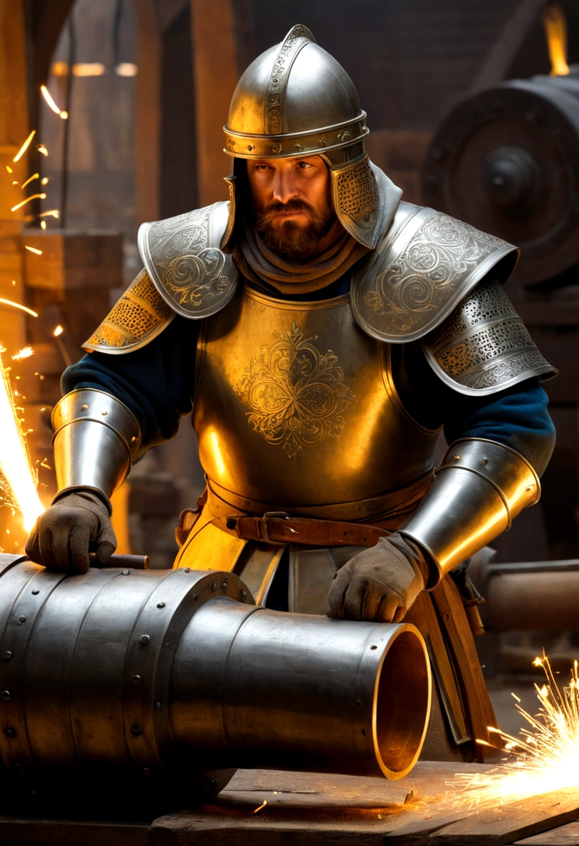 {
"prompt": "A detailed image of the Hungarian engineer, wearing traditional medieval clothing, working on the construction of a giant cannon. He is surrounded by tools and metal parts, with sparks flying as he welds pieces together. Soldiers in golden helmets and armor observe his work. The background shows a dimly lit workshop filled with tension and ingenuity.",
"size": "1024x1024"
}