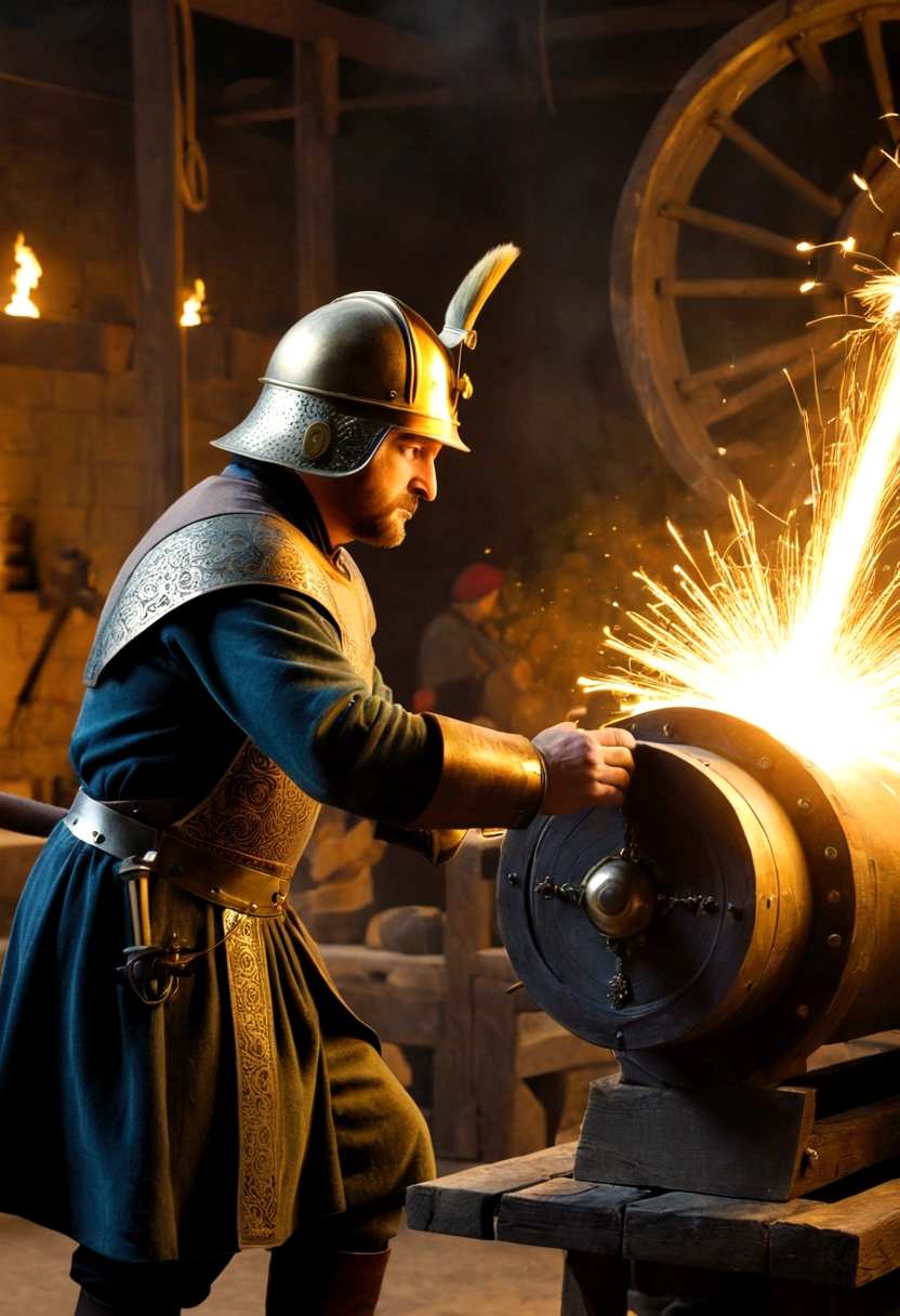 {
"prompt": "A detailed image of the Hungarian engineer, wearing traditional medieval clothing, working on the construction of a giant cannon. He is surrounded by tools and metal parts, with sparks flying as he welds pieces together. Soldiers in golden helmets and armor observe his work. The background shows a dimly lit workshop filled with tension and ingenuity.",
"size": "1024x1024"
}