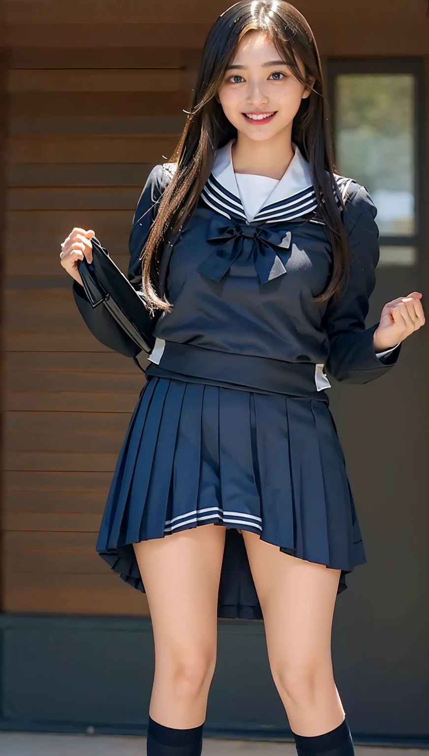 ((highest quality、8k、masterpiece:1.3)),((((fullbody shot)))),Ultra-high resolution,big eyes,Japanese,forehead,bangs,(a girl),(1 girl),((20 years old)),((facing at viewer)),(long hair),(((black sailor uniform))),(grin),((standing)),(loafers),(pleated mini skirt),(((skirt lift)))