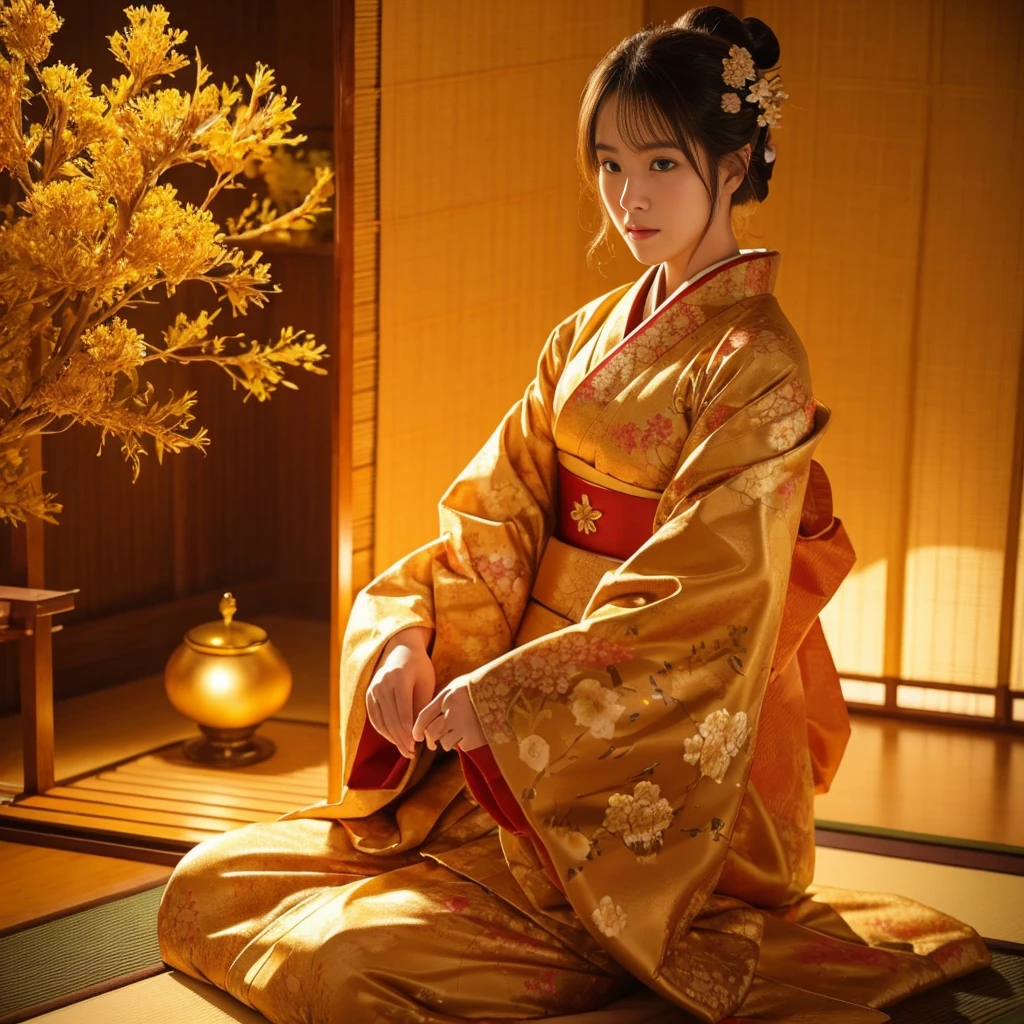 大きい胸、 kimono、Cinematic atmosphere、Professional composition、Natural Body、fantasy,sitting in front of a golden screen、flower arrangement、tatami、looking at the camera