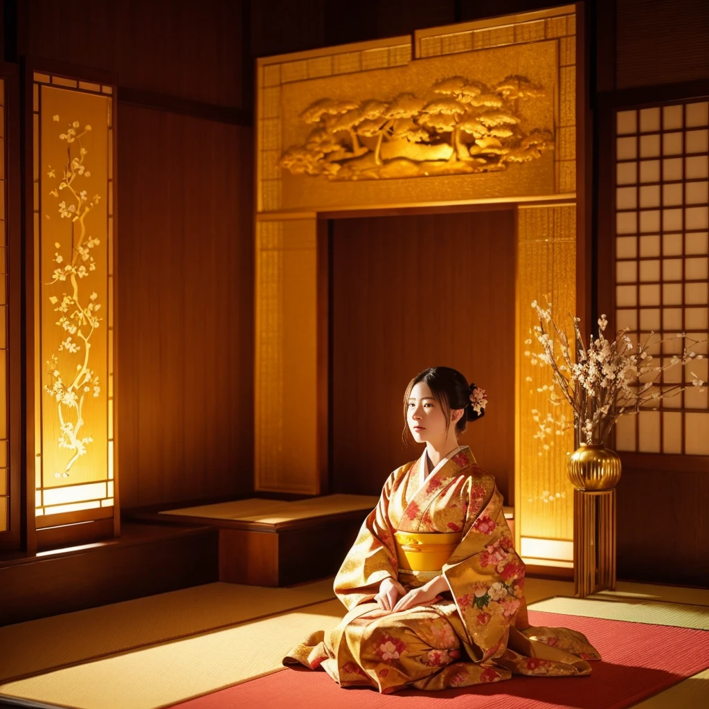 大きい胸、 kimono、Cinematic atmosphere、Professional composition、Natural Body、fantasy,sitting in front of a golden screen、flower arrangement、tatami、looking at the camera
