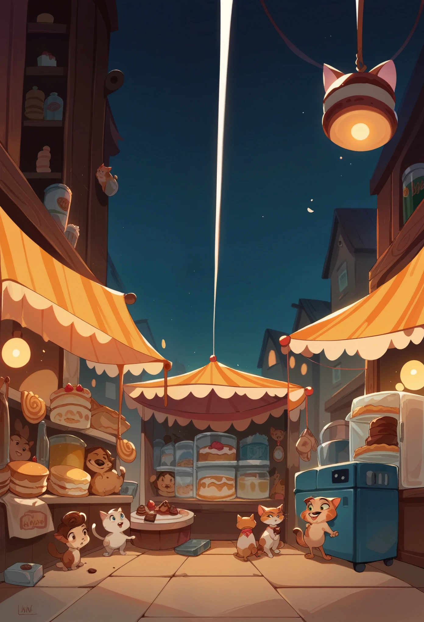 An animated Pixar Disney artwork with several beer stands, refrigerator, cake, BBQ, lanches, chocolates, with adults, children, cats and dogs Text CONDOMINIUM FAIR 