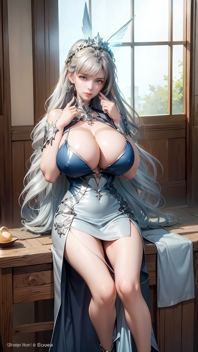 Best quality, masterpiece, ultra high res, raw photo, beautiful and aesthetic,deep shadow, dark theme,(ultra detailed:1.3),
1girl, sitting pose, Headdress, (beautiful face, detailed eye:1.2), embarrassed, (busty breasts, gigantic breasts:1.1), drill hair, long hair, blonde hair, gradient hair, yellow eyes, solo, big hair, blue hair, divine goddess, looking at viewer, indoors, royal palace, medieval bedroom, astraea, full body, (silver blue dress:1.3),