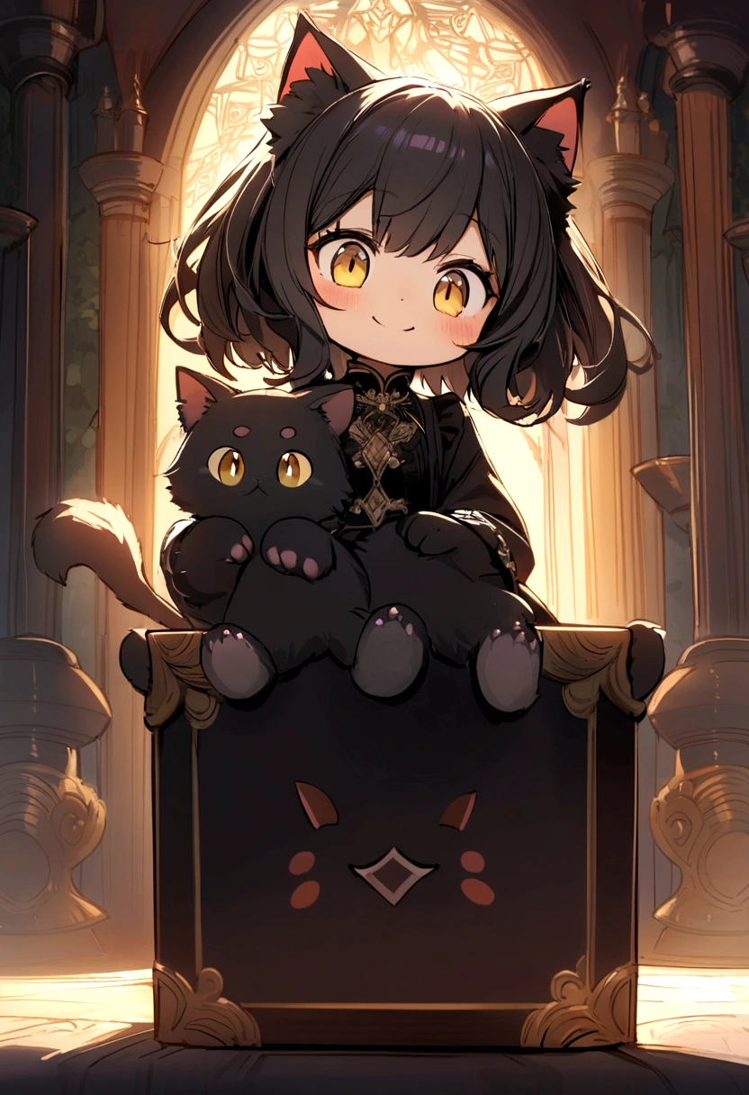 Meet the kitten, a young and playful black cat with large, expressive eyes. She has a mischievous smile and is sitting on her hind legs., curiously examining a box placed in front of its paws. Its elegant fur shines in the soft light, making her look even more adorable and irresistible.
INFO

