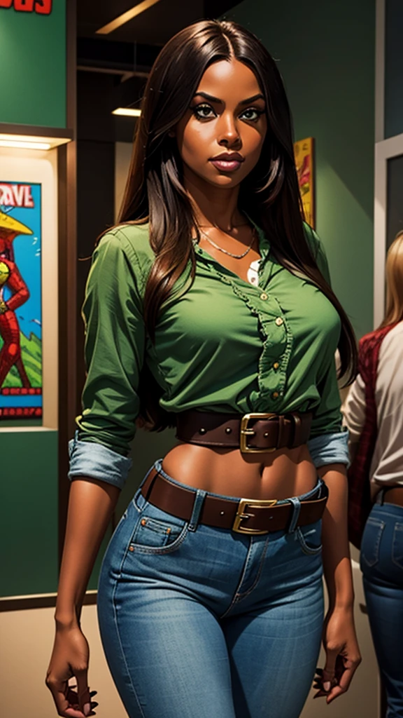 Woman, dark skin, straight hair, she was wearing a green and denim blouse and in the middle a brown belt that showed off her thin waist, comic style. Marvel comics