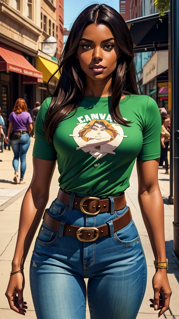 Woman, dark skin, straight hair, she was wearing a green and denim blouse and in the middle a brown belt that showed off her thin waist, comic style. Marvel comics