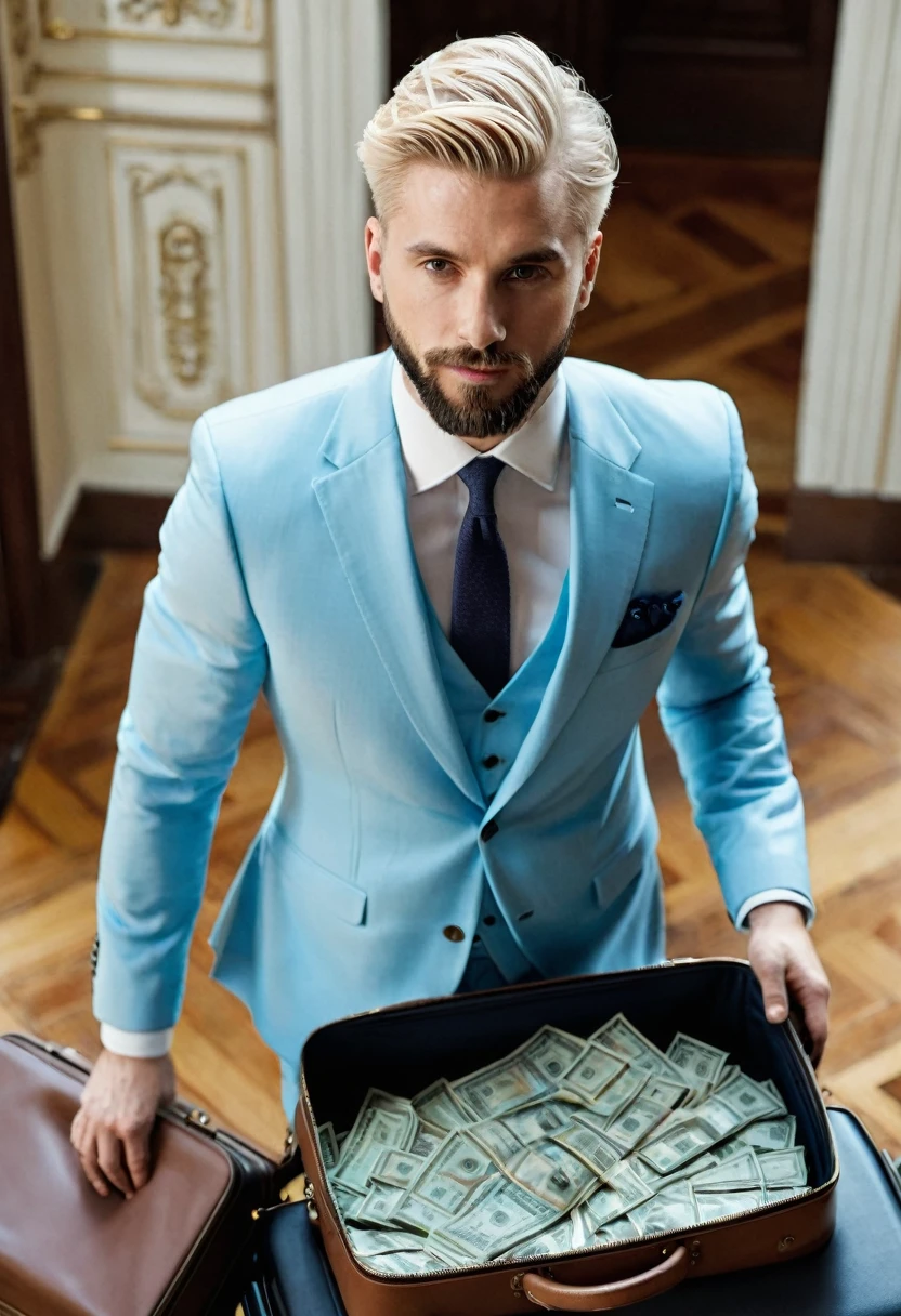 ((best qualityer)), 1 Men, short beard, slightly blonde hair, wearing light blue suit, half of the body seen from above, mansion interior background , holding a suitcase of money