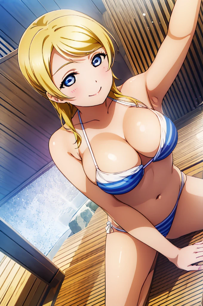 (((pixel-perfect, detail-perfect))), solo, 1girl, Eli ayase, smile, eyes azzur, hair blonde, sauna, armpit, bikini, large extreme filesize, ultra High Qality