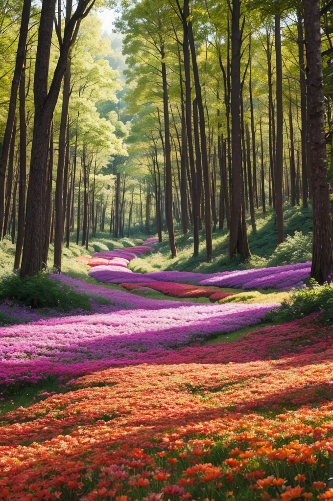 A large forest with vivid and beautiful colors full of falling flowers