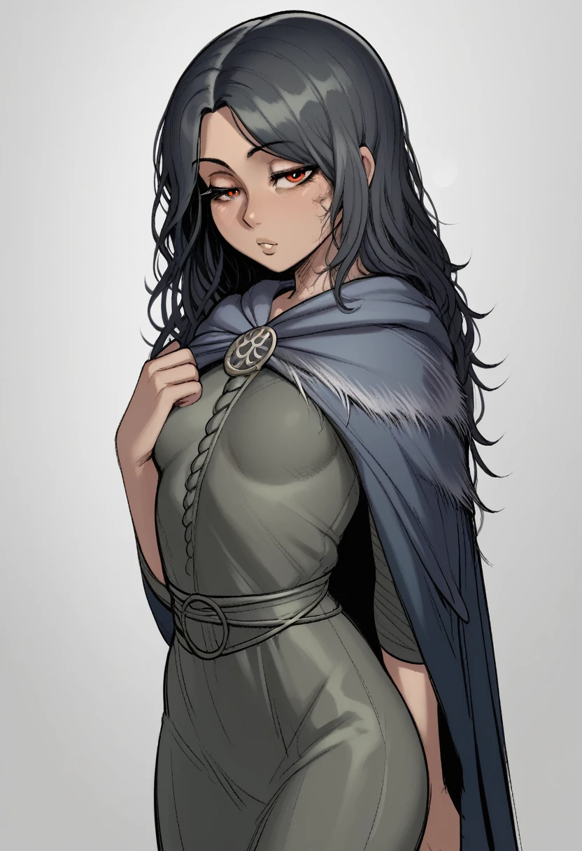 score_9, score_8_up, score_7_up, score_6_up, score_5_up, score_4_up, BREAK 1girl, black hair, tanned, loose hair, swept bangs, red eyes, long eyelashes, seductive expression, blunt bangs, short, BREAK solo, small breasts, skinny, arched back, thigh gap, wizard outfit, innocent, lovely, adorable, long hair, hair covering one eye, dark mage, Elden ring, fully clothed