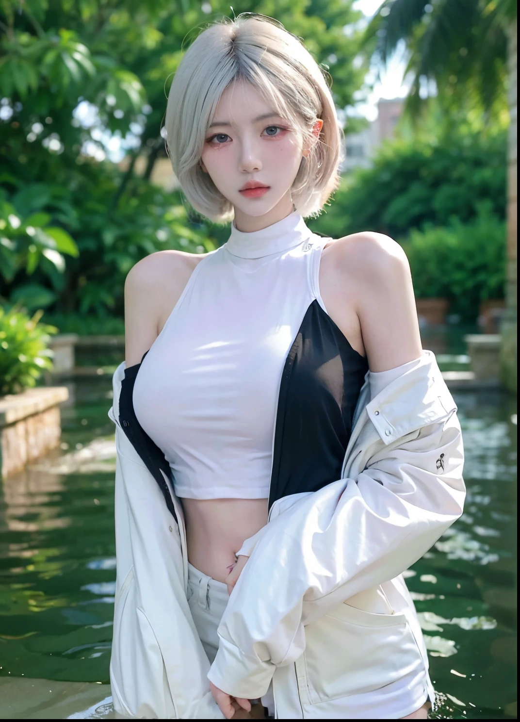 Beautiful woman with perfect figure:1.4,Ultra-high resolution,White legs,Put your hands behind your back,Swimming background,Big breasts:1.6,(Realism:1.4),perspective,Layered hairstyle,Snow white skin,JK:1.5,Super short pleated skirt,whole body:1.4,Very delicate and skin texture,Double eyelids,Skin Whitening,Long hair,White hair