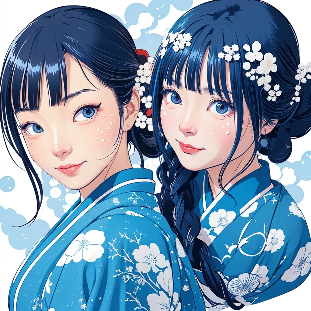 Illustration style、ukiyoe paiting、Showa Anime、woman with naughty facial expression、snow、sensitive, blue kimono with snow pattern