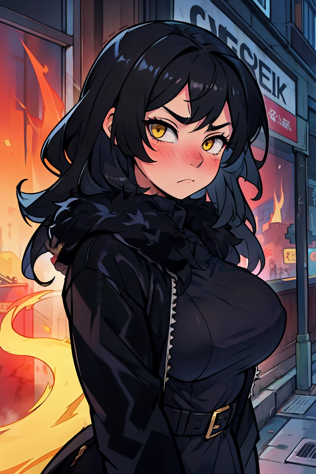 sad girl muscular girl large breasts yellow eyes black hair fur coat fur coat fur coat fur coat fur coat fur coat fur coat sad frown blush