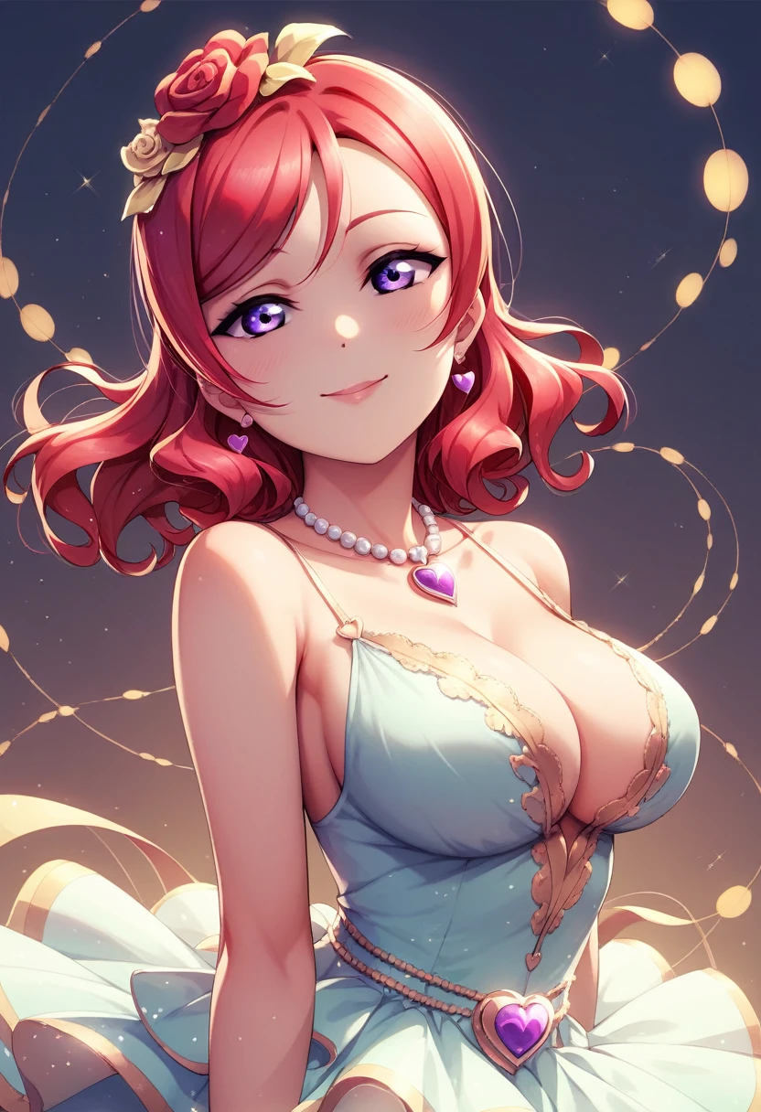 Masterpiece, beautiful, facial details, 8k wallpaper, Maki Nishikino Love Live, red hair, purple eyes,summer dress, detailed hair strands,big breasts, sweetheart neck 