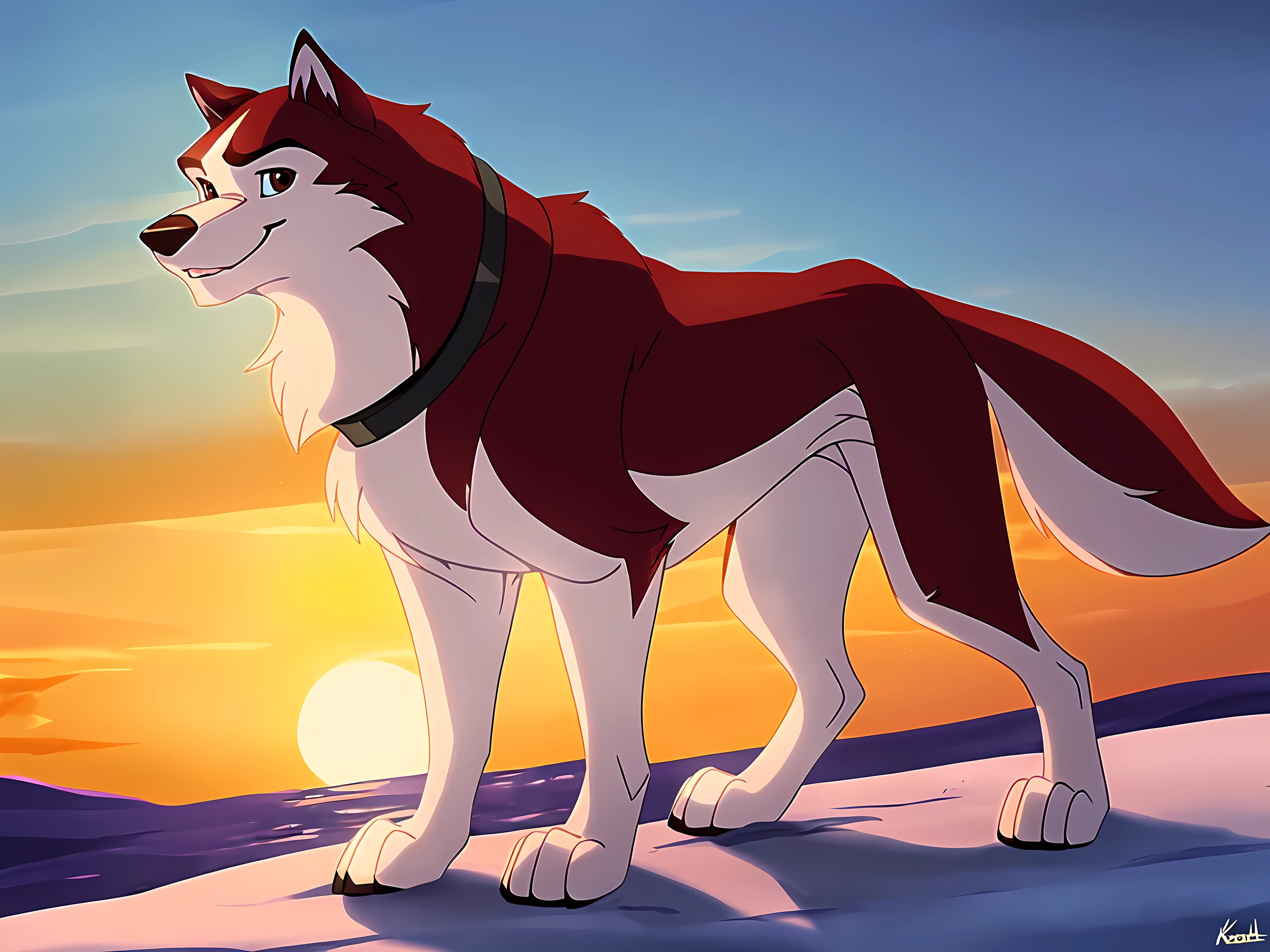 kodi, kodiak (balto), solo, red fur, full body:1.1, feral, detailed, quadruped, wfa anatomy, black lineart, black outline, male, masculine, muscular, pectorals, adult, wolf, wolf body, wolf tail, brown eyes, cartoon shading, cel shaded:1.0, black dog collar:1.2, strong body, confident, proud, paws,