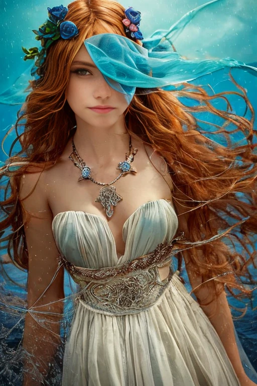 Ridiculous quality. Natural light. Hyperrealism. Great illustrations. Redhead girl with long curly hair and rose tattoo on shoulder and forearm, Wearing a white dress, Pentagram pendant around neck. She has one eye of each color: Right is green, Blue on the left. witch style, pagan, Celtic, At the bow of a small boat crossing a river shrouded in mist. Medieval style, Former Scottish, Avalon, 5th century.