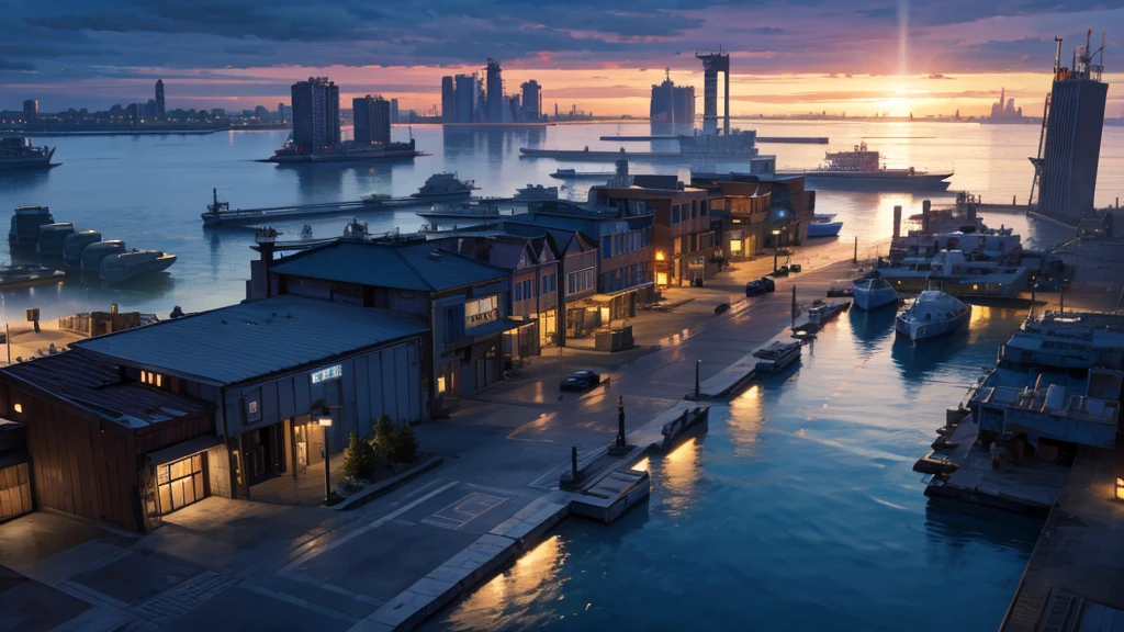 create a scene around the entrance to a port. This port is in a futuristic and technologically advanced city. the port is abandoned. the scenario must be role-playing and viewed from above.