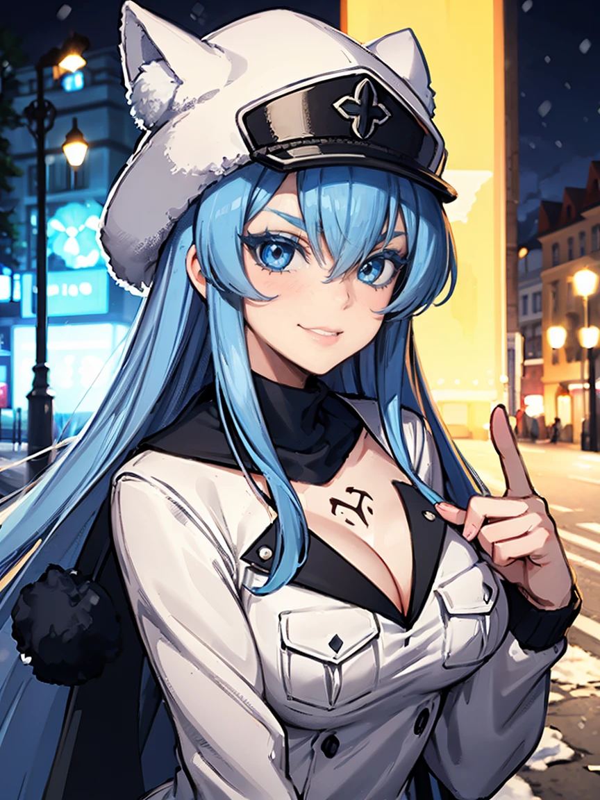 (artwork, best quality) a girl with long blue hair, blue eyes, blue eyelashes, tattoo, big breasts, white sweatshirt with a fluffy hat, (front facing camera), upset, smiling evilly, on a street in Russia, snowing heavily, at night